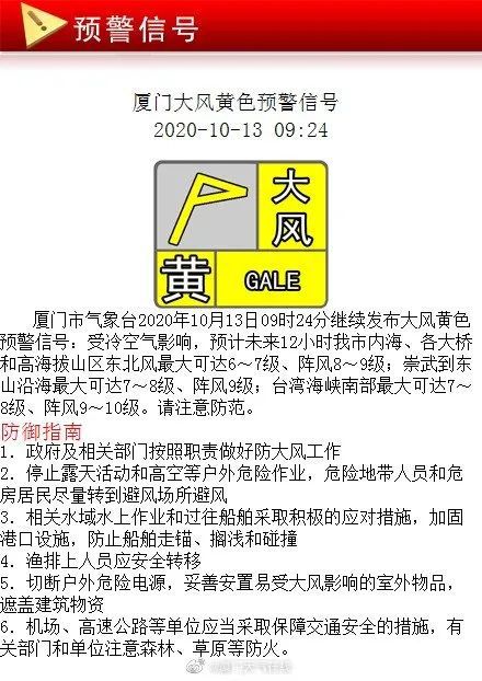 福建省厦门市气象台发布大风黄色预警信号，市民需做好防范准备